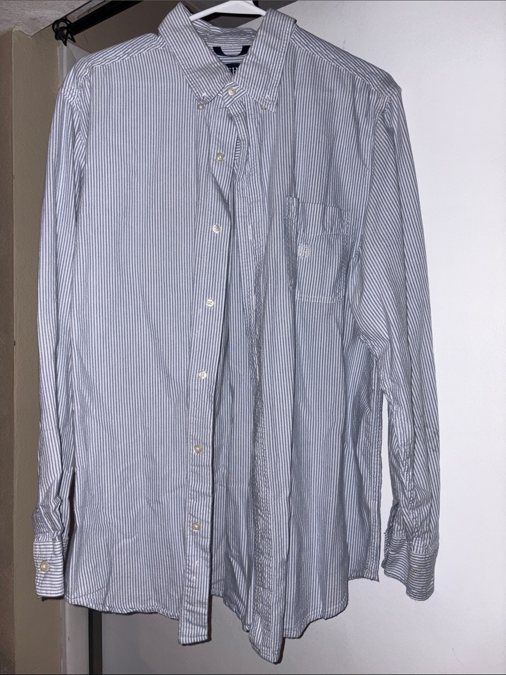 Chaps Men's Light Blue and White Striped Dress Shirt